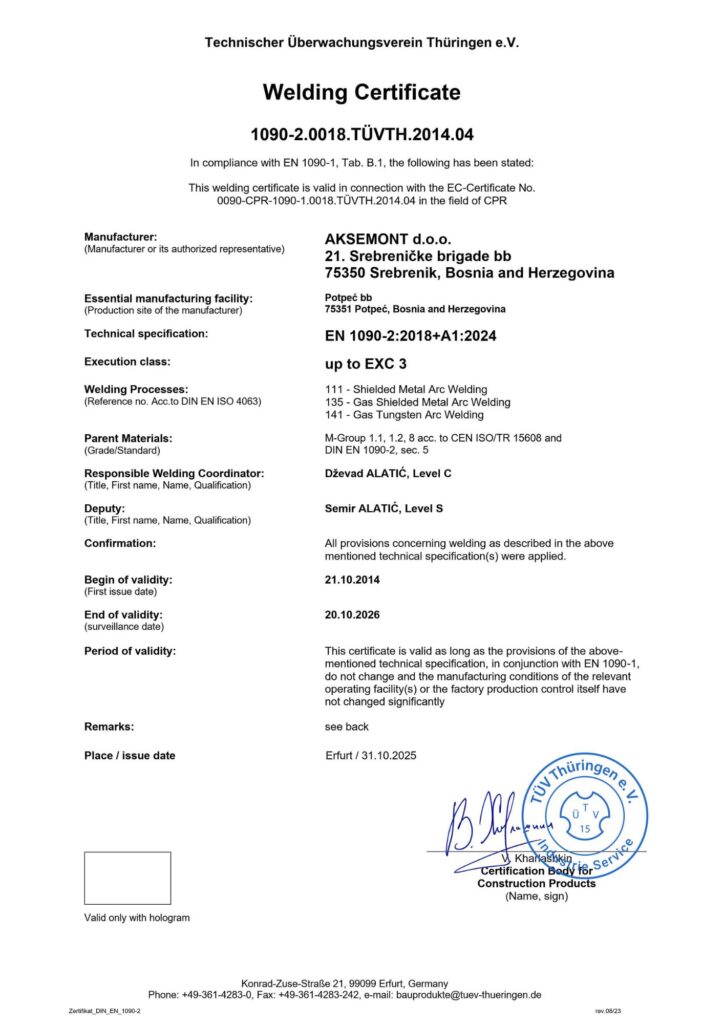 06.2 AKSEMONT doo Schweißzertifikat EN1090 2 en1